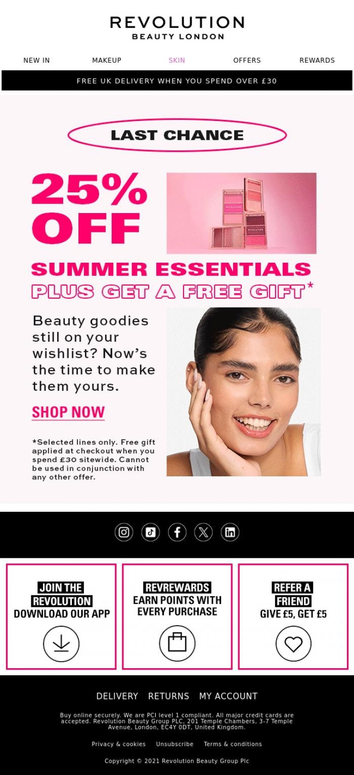 Email Design Inspiration from Revolution Beauty, Uh oh, 25% off is going ⏰