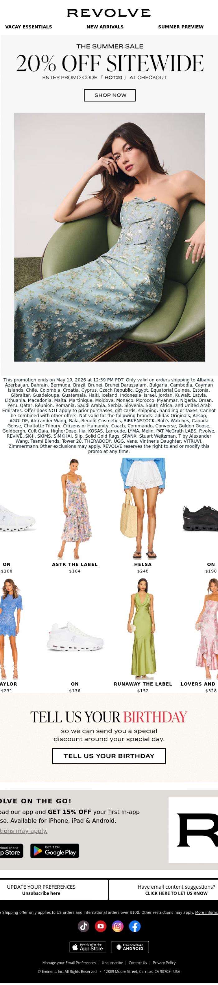 Email Design Inspiration from REVOLVE, Summer SALE: 20% off sitewide