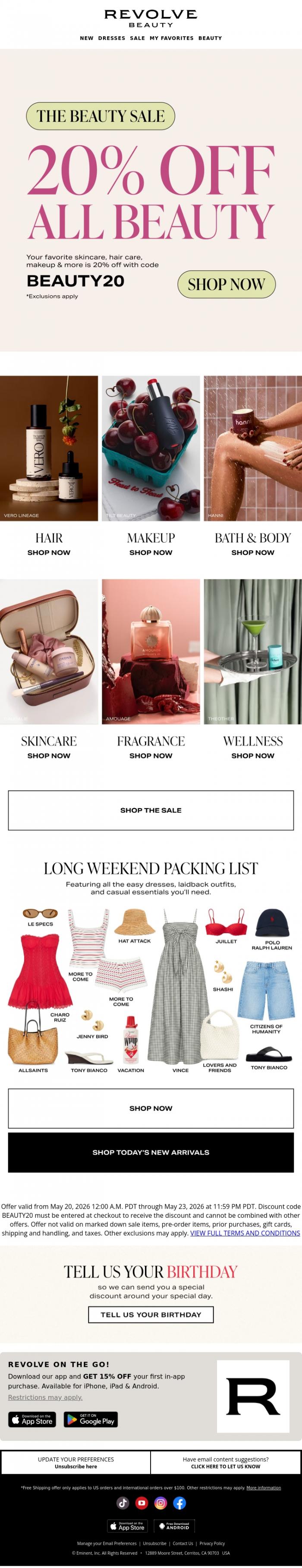 Email Design Inspiration from REVOLVE, 20% Off All Beauty Starts NOW