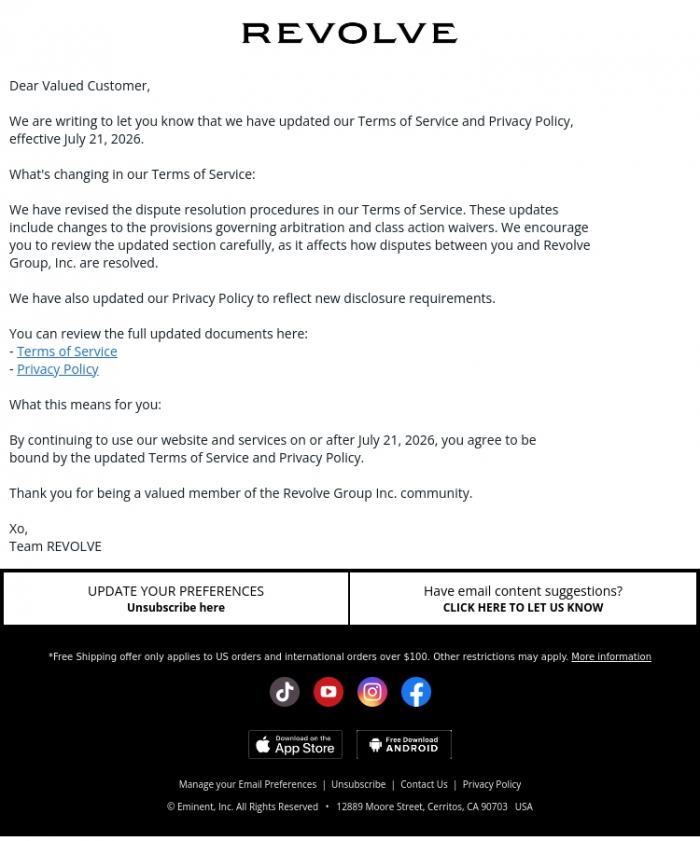 Email Design Inspiration from REVOLVE, Notice of Policy Updates