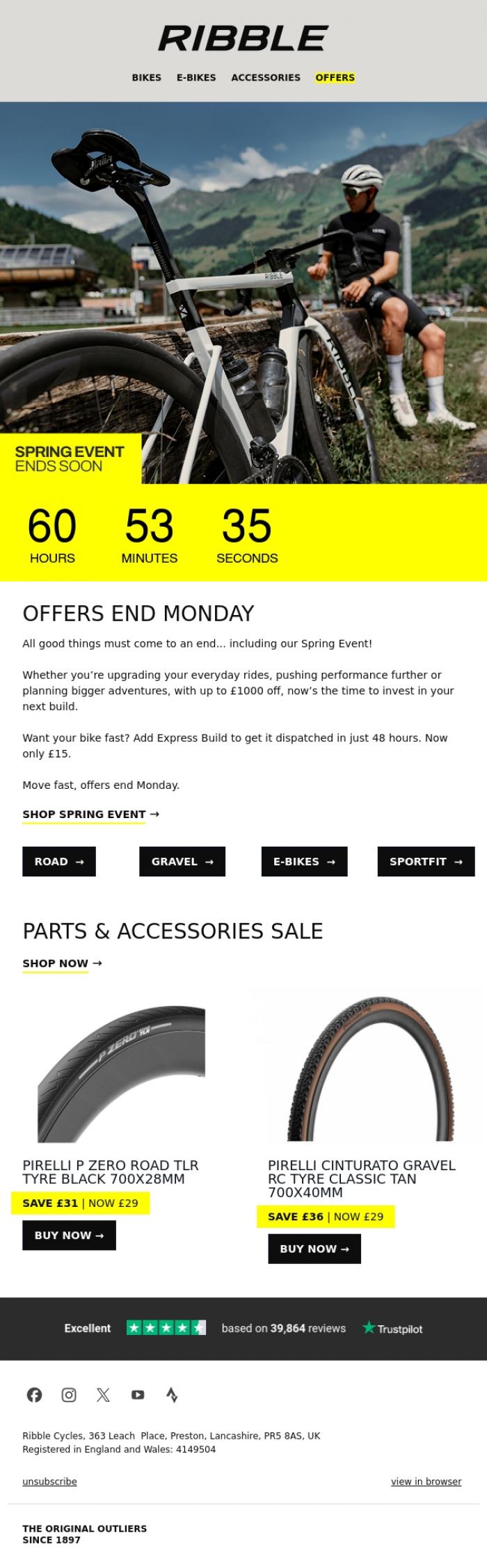 Email Design Inspiration from Ribble Cycles, Up to &pound;1000 off. Be quick, ENDS MONDAY