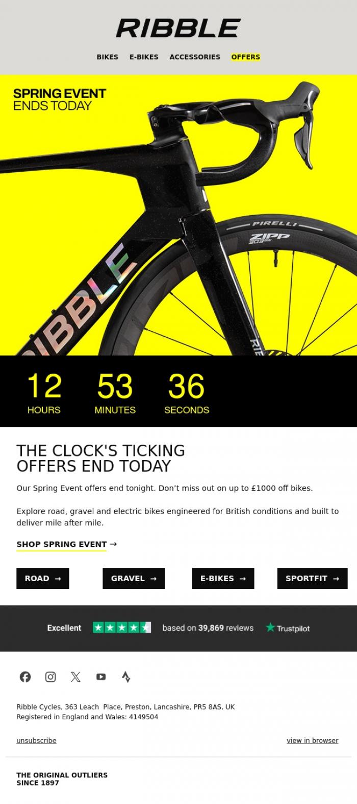 Email Design Inspiration from Ribble Cycles, Don't miss out. Offers end today ⌛