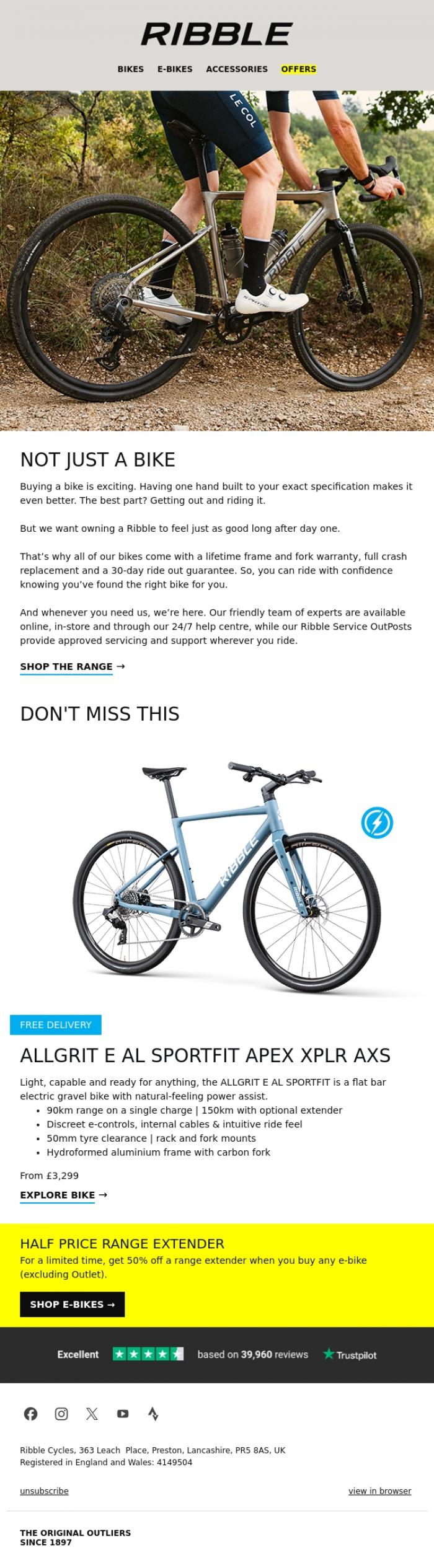 Email Design Inspiration from Ribble Cycles, British bikes. Hand built. Backed for life