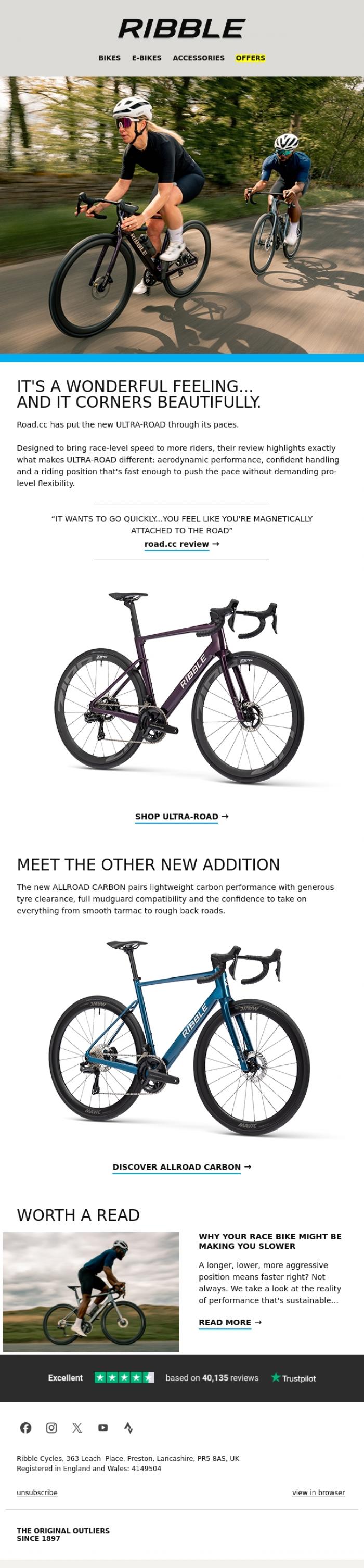 Email Design Inspiration from Ribble Cycles, "The ideal blend of pro speed with a little more comfort."
