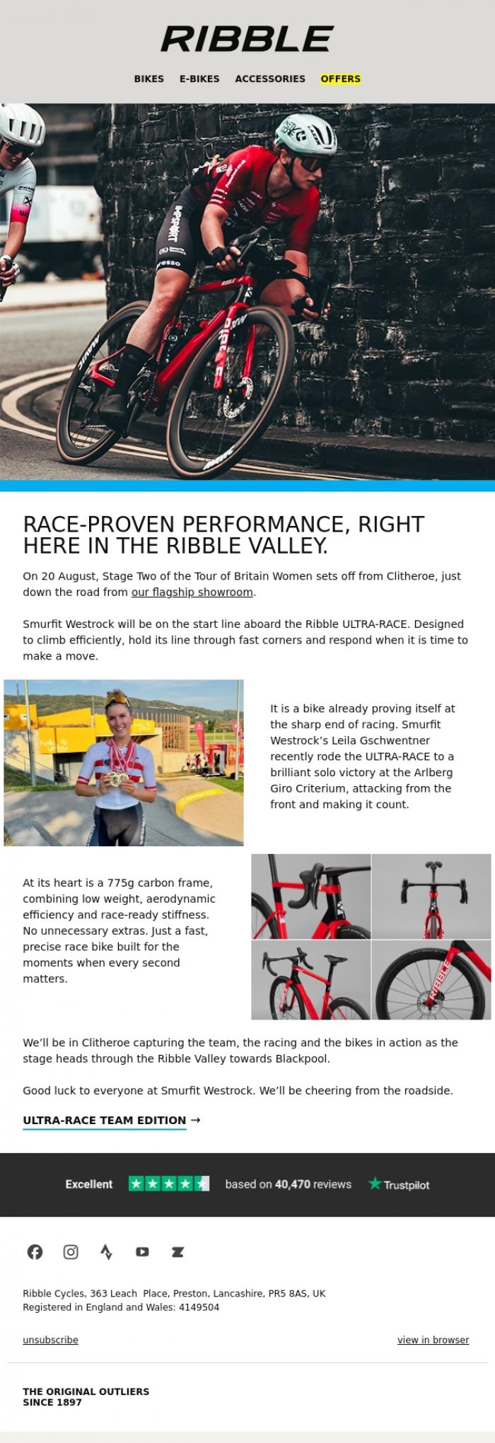 Email Design Inspiration from Ribble Cycles, Built to race. Ready for the Tour of Britain.