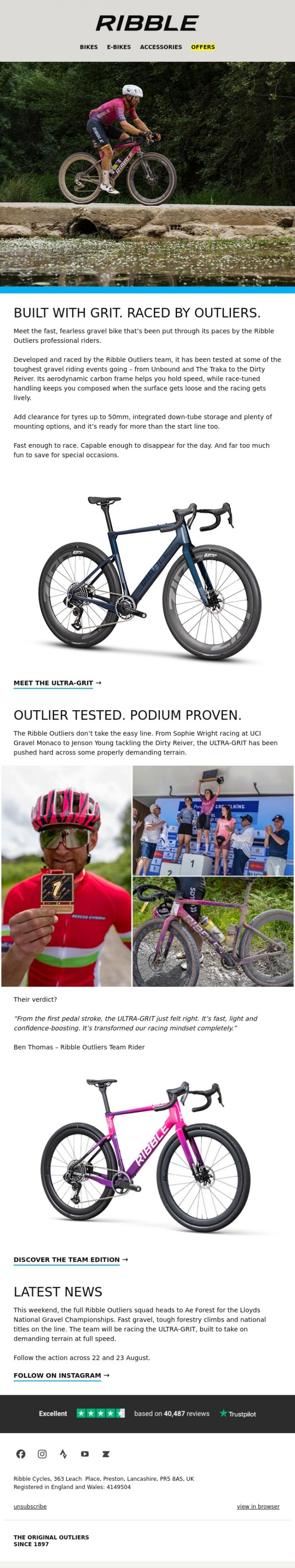 Email Design Inspiration from Ribble Cycles, More Speed. More Gravel. More Grit.