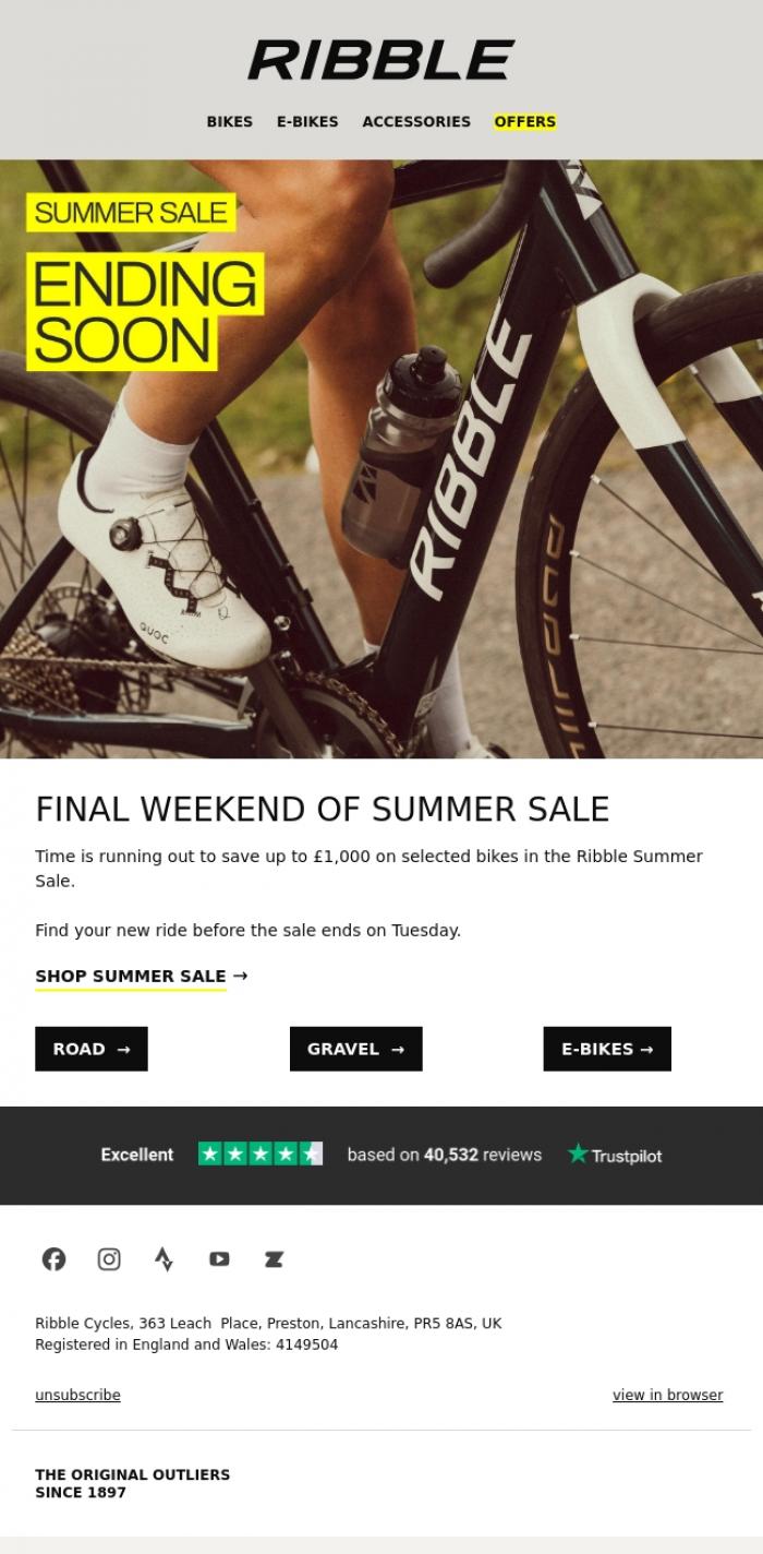 Email Design Inspiration from Ribble Cycles, Last Chance. Save Up to &pound;1,000.