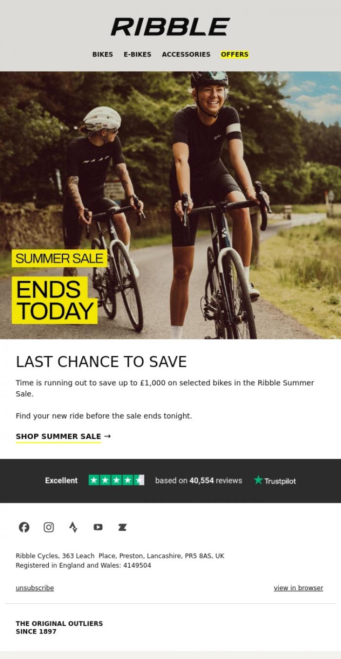 Email Design Inspiration from Ribble Cycles, Summer Sale Ends Today