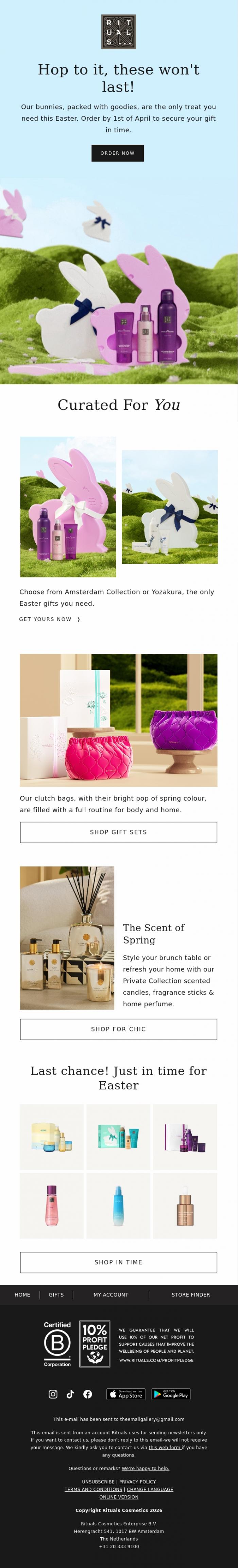 Email Design Inspiration from Rituals Cosmetics, Last chance! To secure Easter gifts in time...
