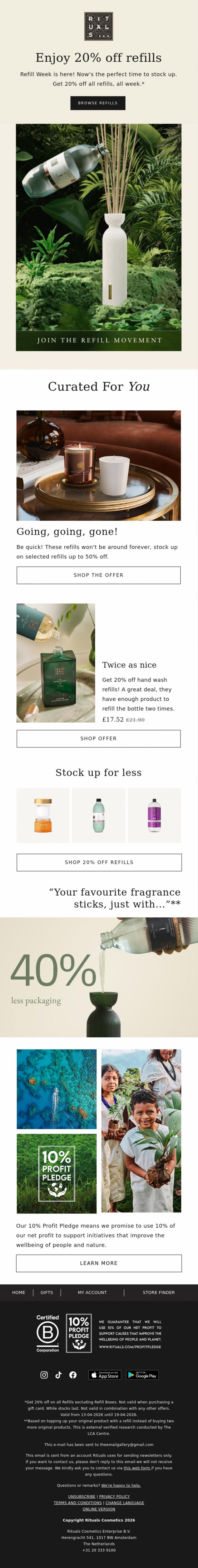 Email Design Inspiration from Rituals Cosmetics, 20% off for Refill Week! 🌿