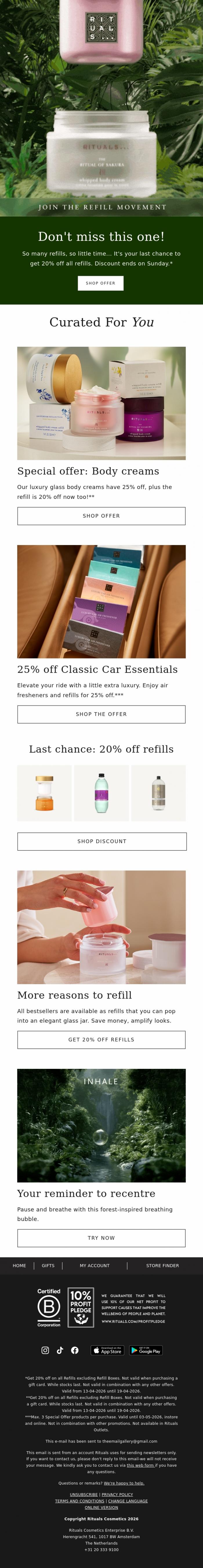 Email Design Inspiration from Rituals Cosmetics, Final call for refills! 🔔
