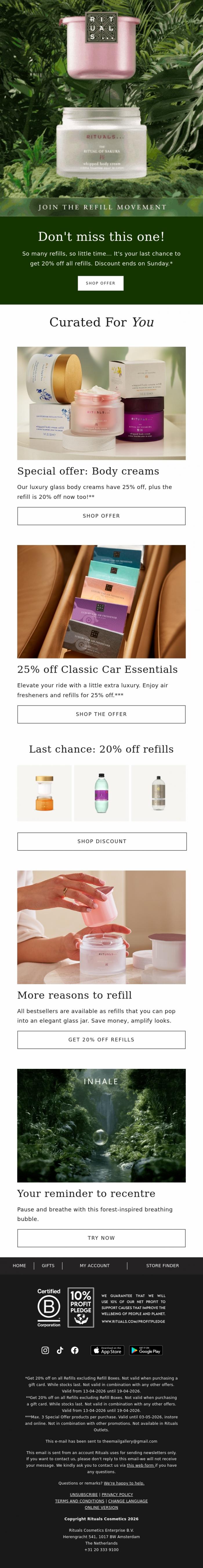 Email Design Inspiration from Rituals Cosmetics, 🚨 Time's running out to get 20% off all refills!