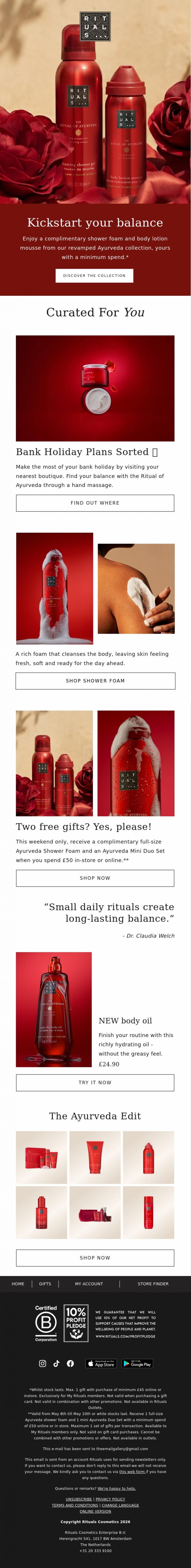 Email Design Inspiration from Rituals Cosmetics, Your gift when you shop