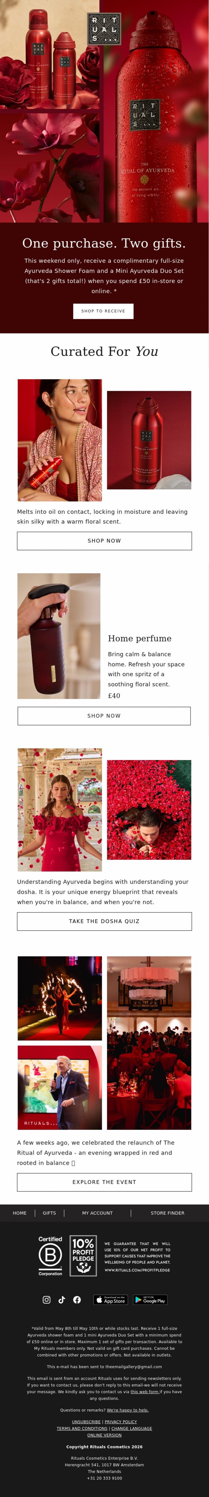 Email Design Inspiration from Rituals Cosmetics, Two gifts for you inside &hearts;️