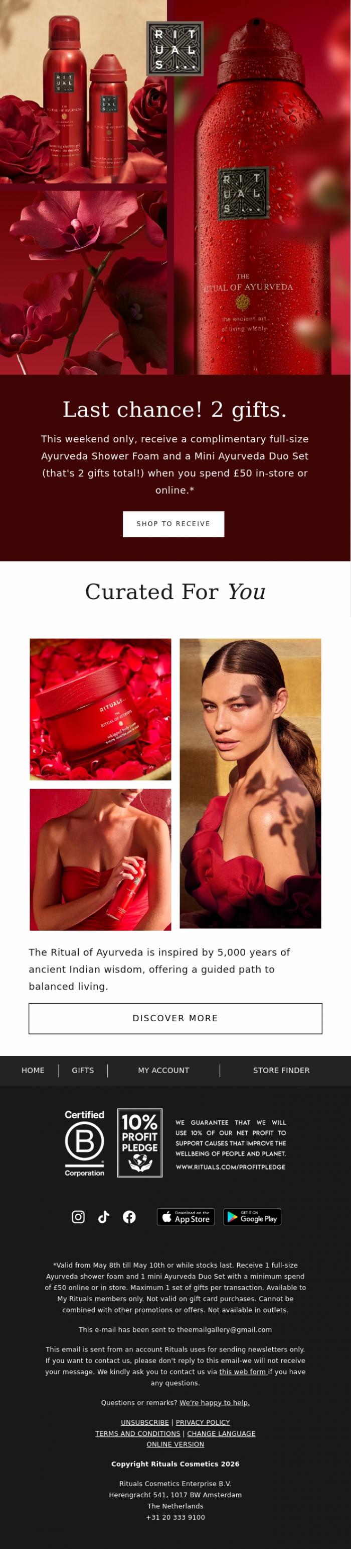 Email Design Inspiration from Rituals Cosmetics, Last chance 🎁