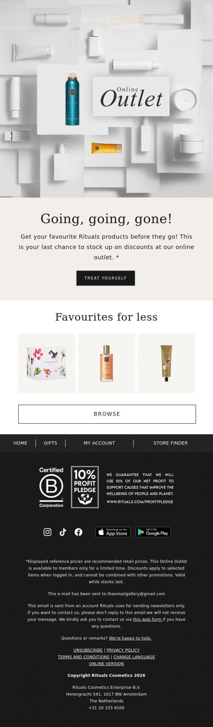 Email Design Inspiration from Rituals Cosmetics, Psst... Don't miss our online outlet! 🛒