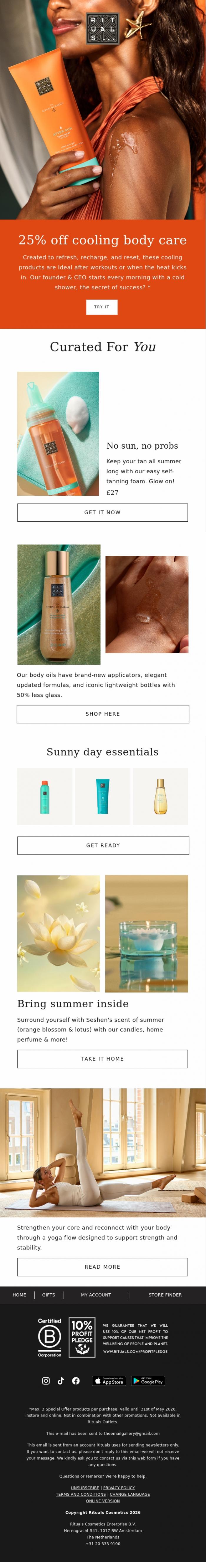 Email Design Inspiration from Rituals Cosmetics, 25% off cooling body care 🧊