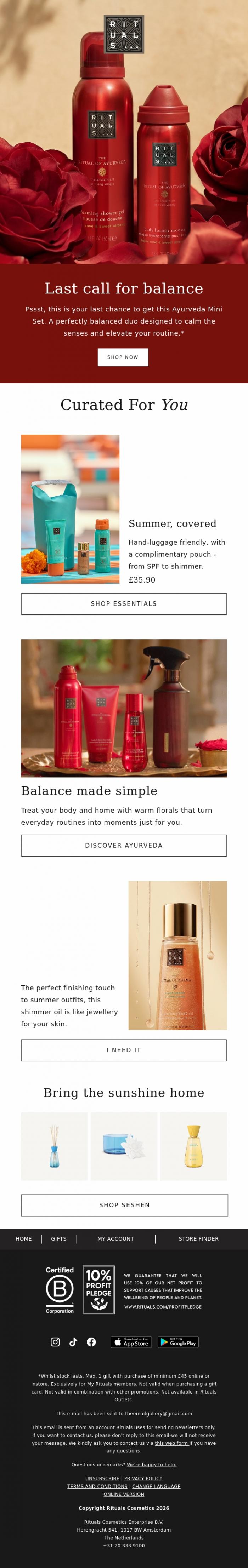 Email Design Inspiration from Rituals Cosmetics, Last chance! 🌹