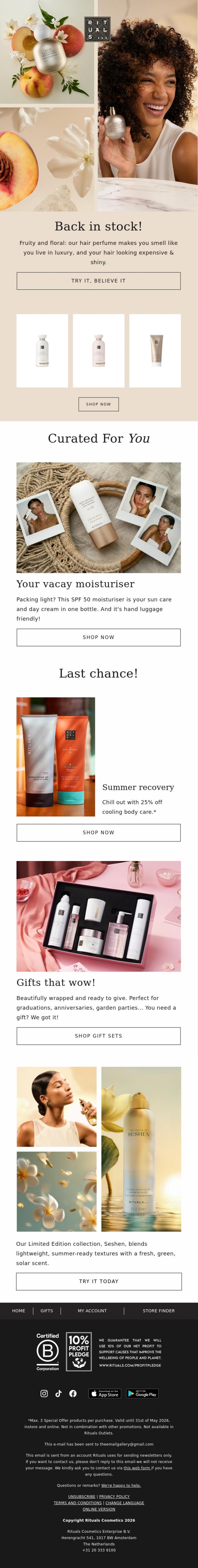 Email Design Inspiration from Rituals Cosmetics, Back in stock! 🌸✨