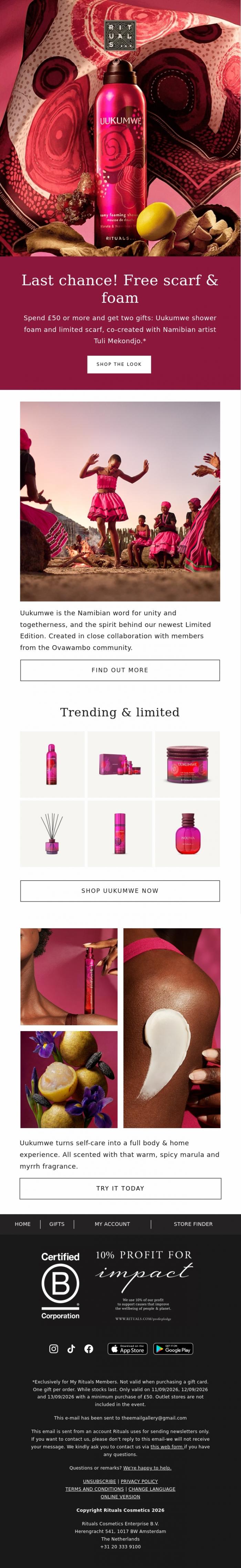 Email Design Inspiration from Rituals Cosmetics, Last chance to celebrate with us 🌅