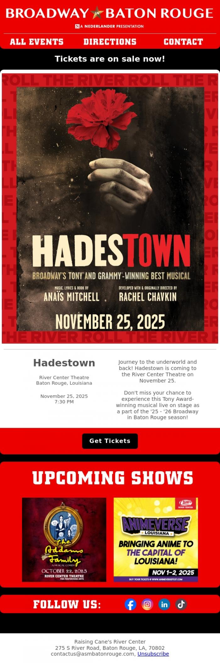 Email Design Inspiration from River Center Theatre, ON SALE: Hadestown on November 25!