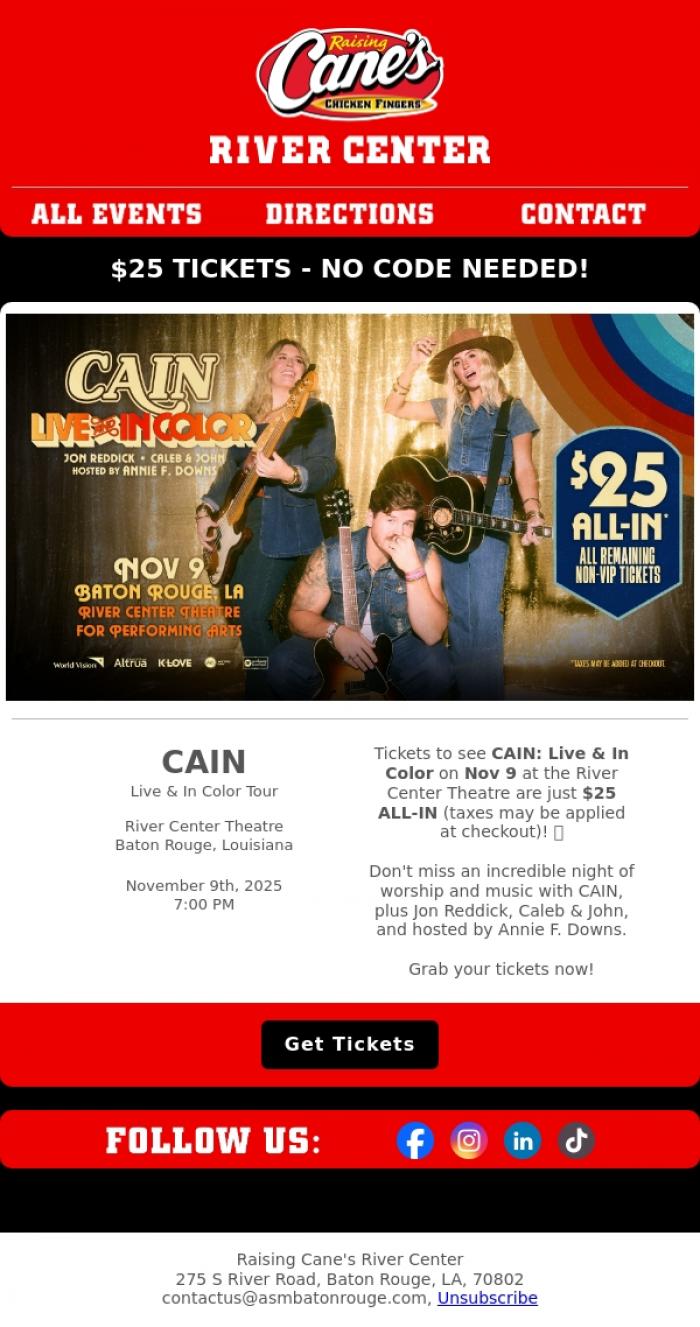 Email Design Inspiration from River Center Theatre, $25 ALL IN TICKETS: CAIN on November 9th in Baton Rouge!