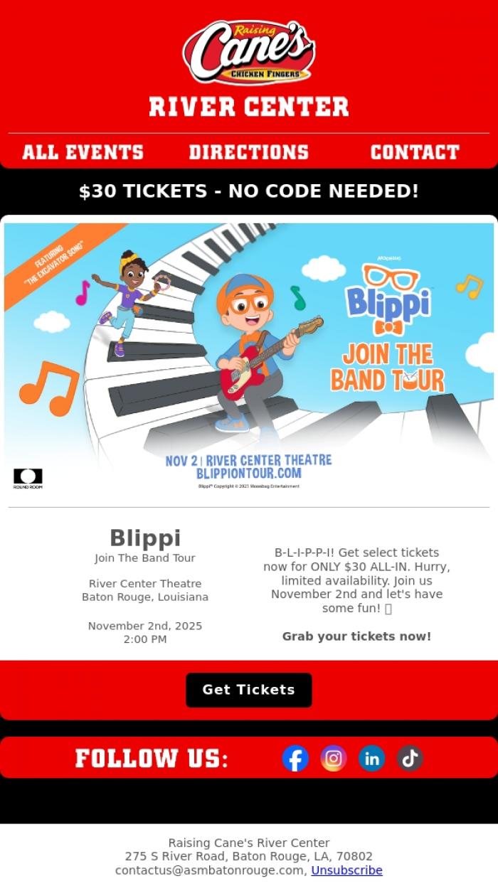 Email Design Inspiration from River Center Theatre, $30 ALL IN TICKETS: Blippi on November 2nd in Baton Rouge!