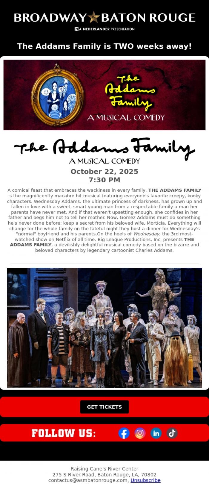 Email Design Inspiration from River Center Theatre, The Addams Family is TWO weeks away!