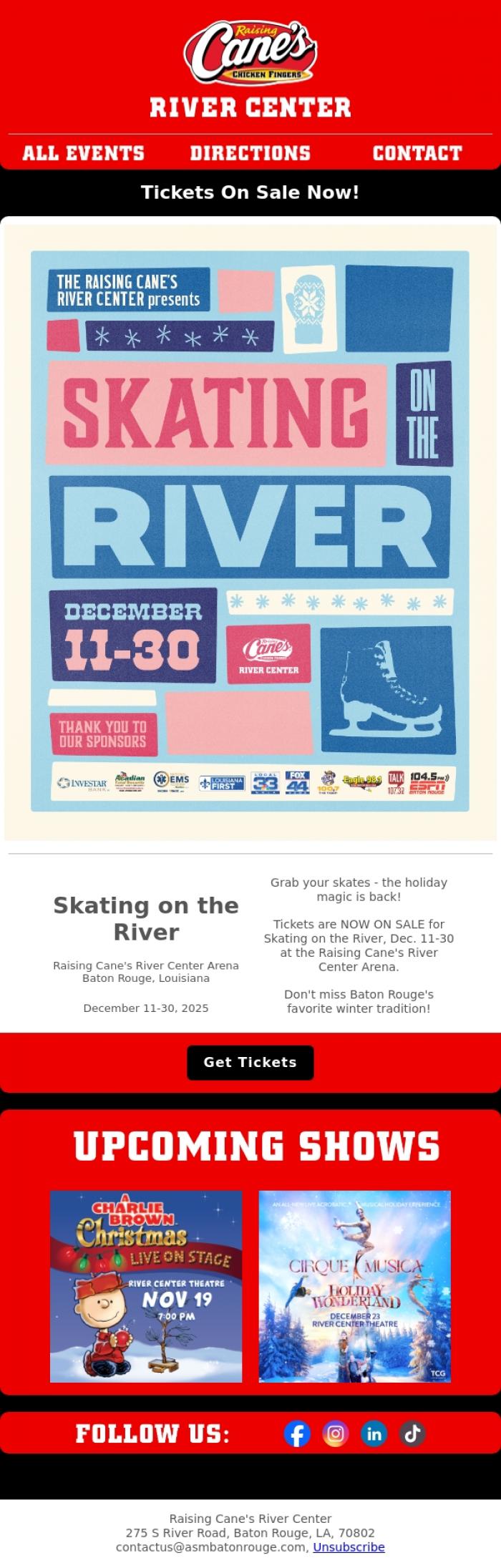 Email Design Inspiration from River Center Theatre, ON SALE NOW: Skating on the River in Baton Rouge