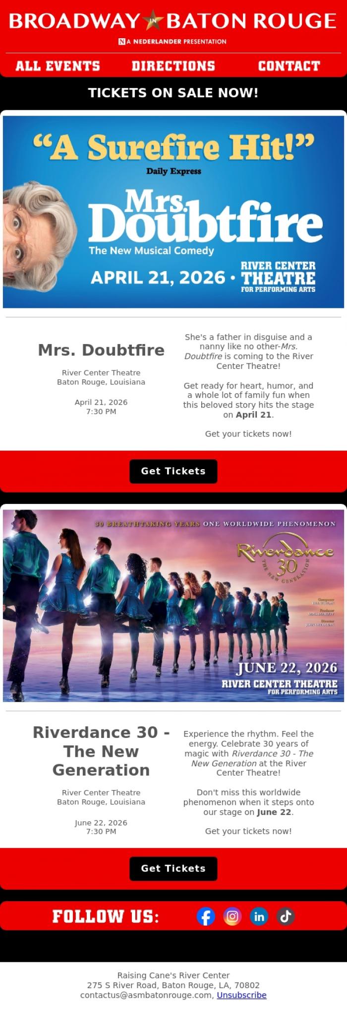 Email Design Inspiration from River Center Theatre, ON SALE NOW: Mrs. Doubtfire and Riverdance 30!