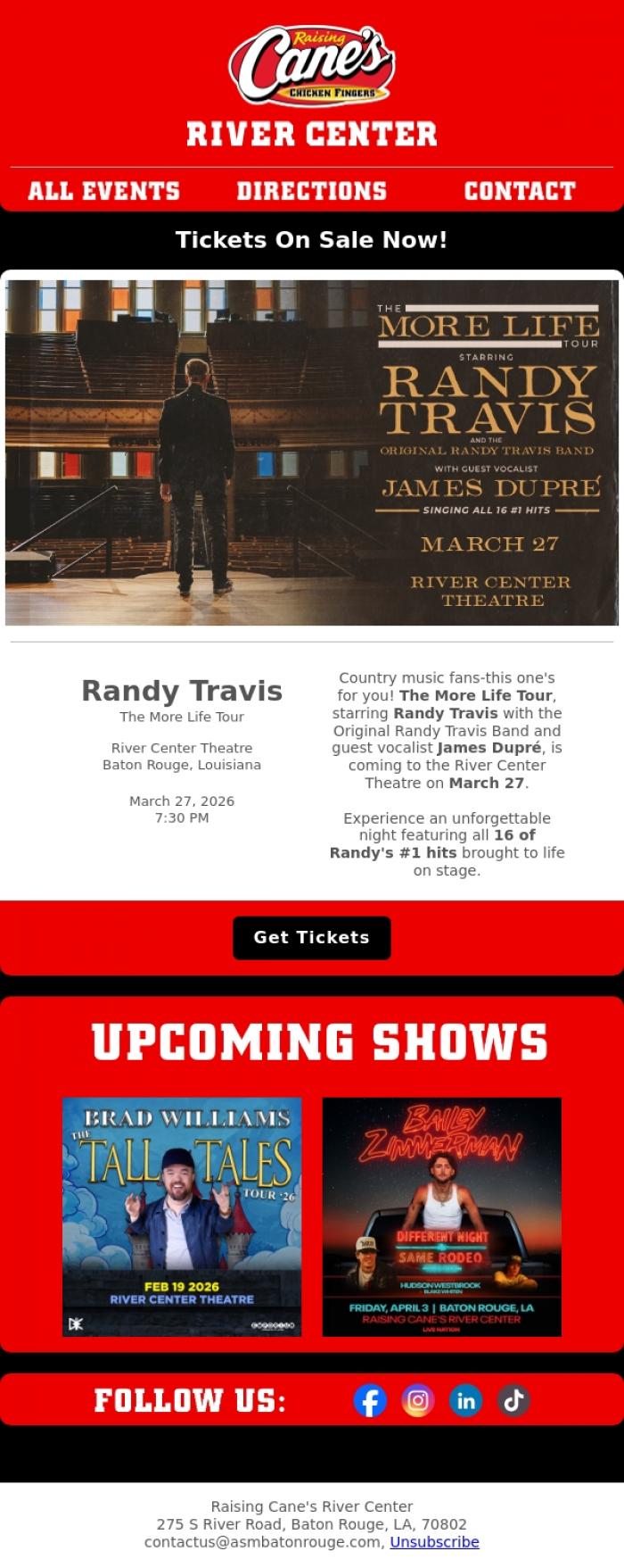 Email Design Inspiration from River Center Theatre, ON SALE NOW: Randy Travis is bringing his hits to BR!