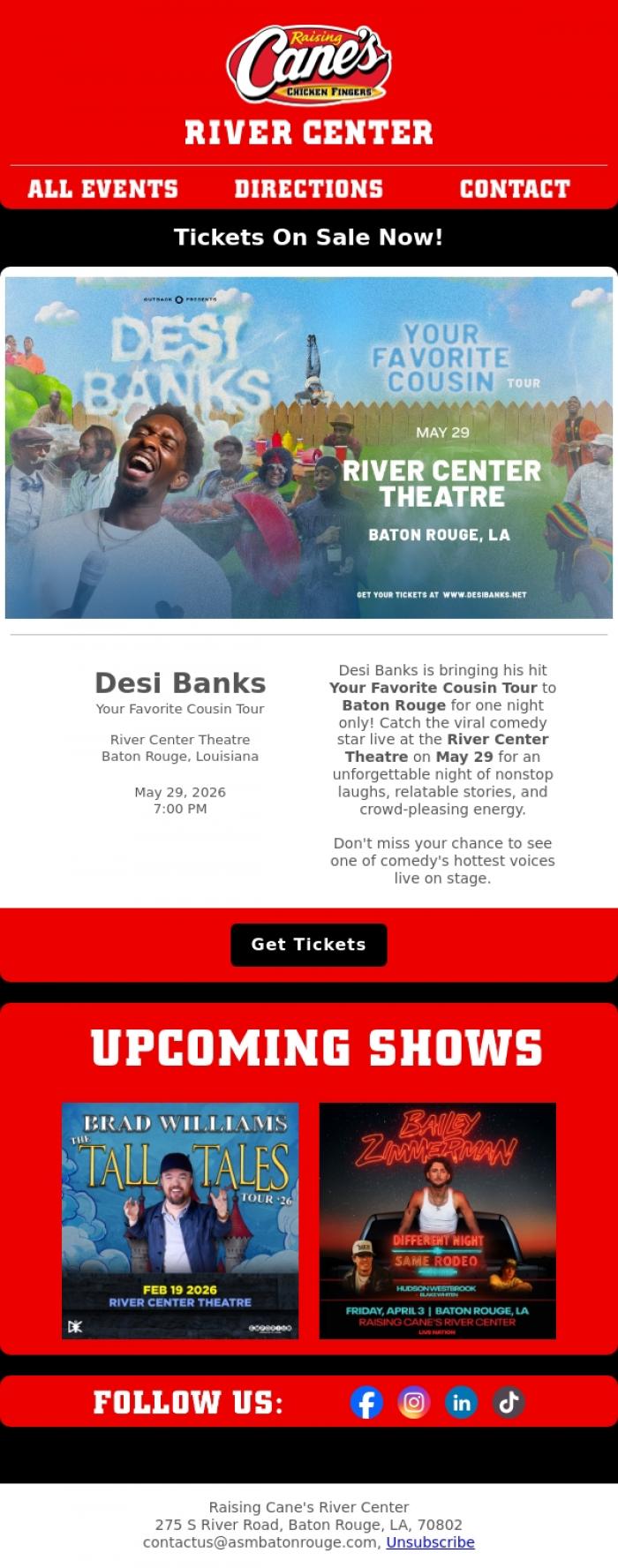 Email Design Inspiration from River Center Theatre, ON SALE NOW: Desi Banks is bringing the laughs to BR!