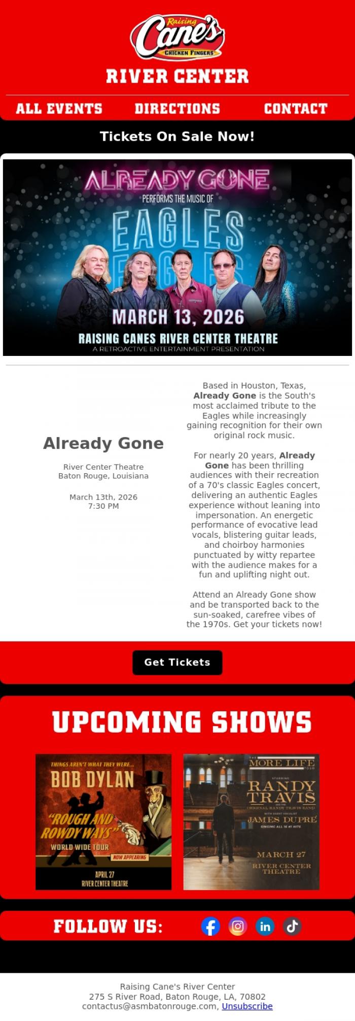 Email Design Inspiration from River Center Theatre, ON SALE NOW: Already Gone is coming to the River Center Theatre on March 13th!