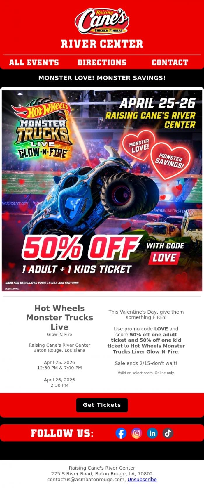 Email Design Inspiration from River Center Theatre, MONSTER SALE: Hot Wheels Monster Trucks Live Glow-N-Fire