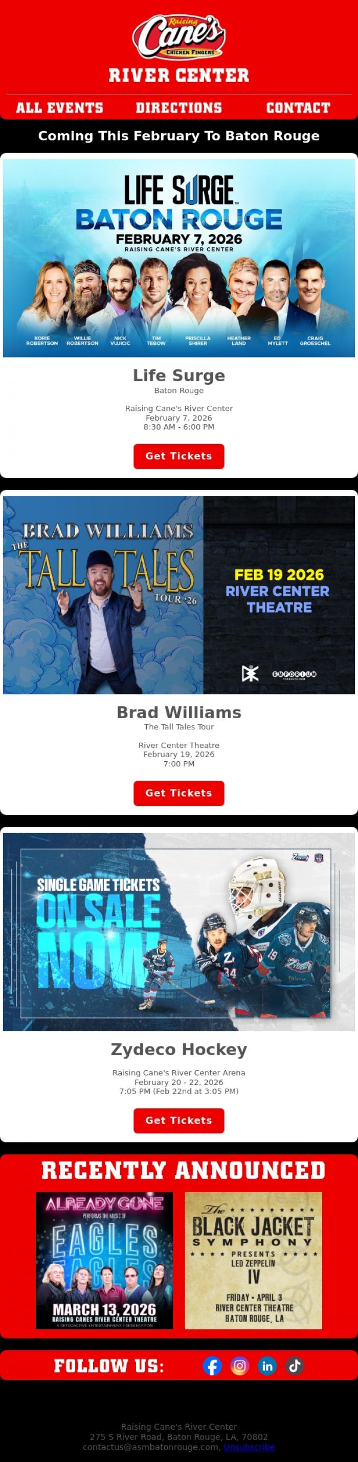 Email Design Inspiration from River Center Theatre, Coming This February To Baton Rouge At The Raising Cane's River Center!