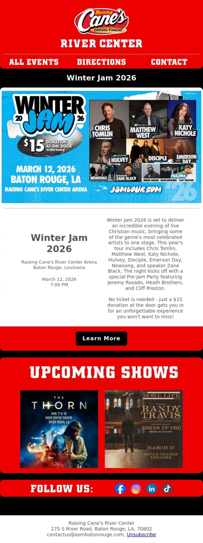 Email Design Inspiration from River Center Theatre, NEXT MONTH: Winter Jam 2026 in Baton Rouge