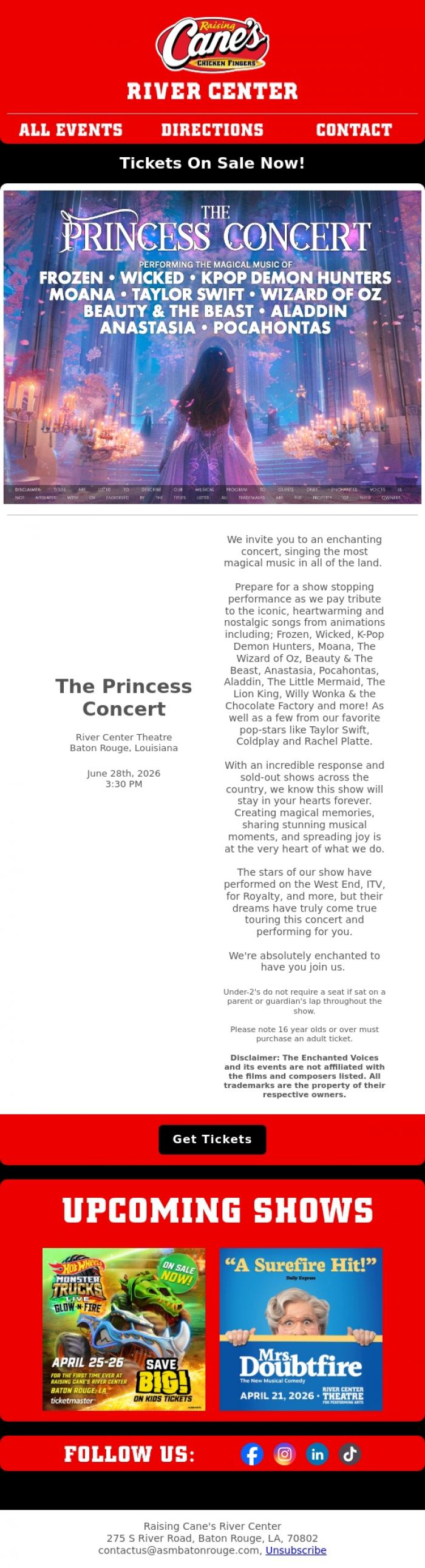 Email Design Inspiration from River Center Theatre, ON SALE NOW: The Princess Concert is coming to the River Center Theatre on June 28th!