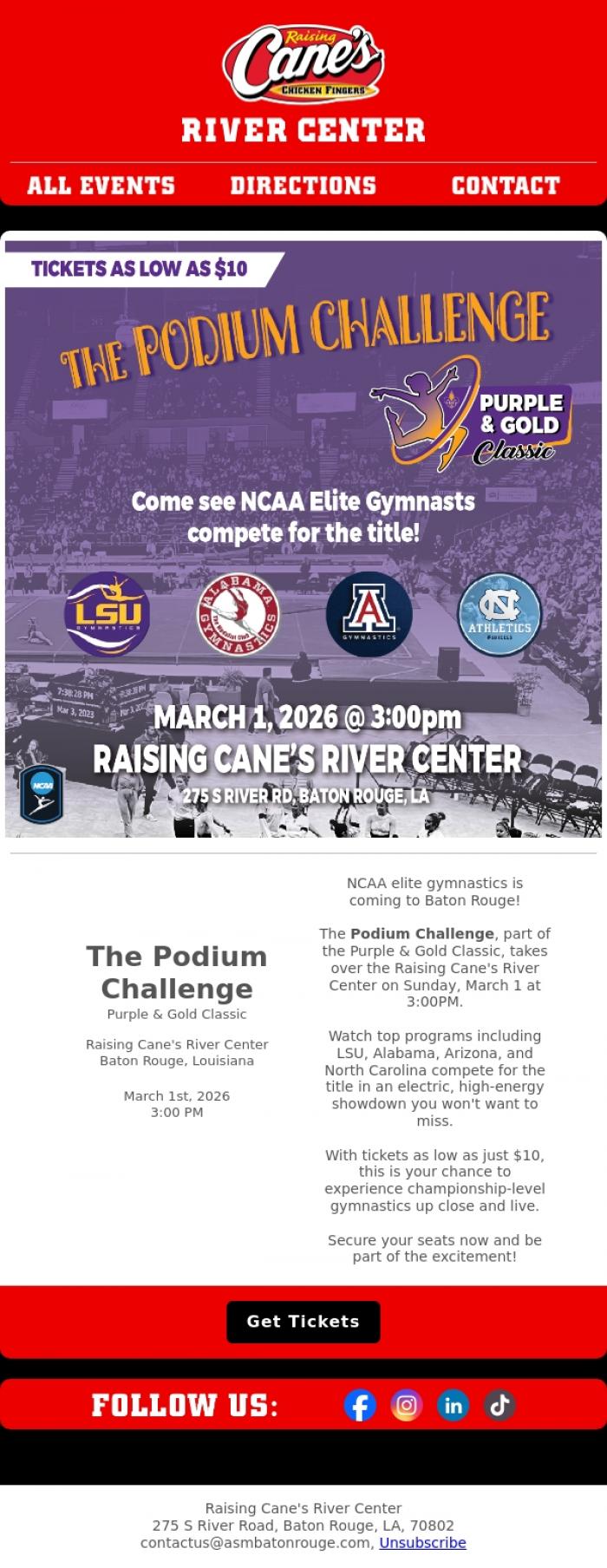 Email Design Inspiration from River Center Theatre, Podium Challenge: NCAA Elite Gymnastics Hits Baton Rouge - Tickets as low as $10