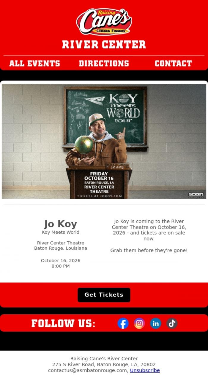 Email Design Inspiration from River Center Theatre, ON SALE NOW: Jo Koy in Baton Rouge in October