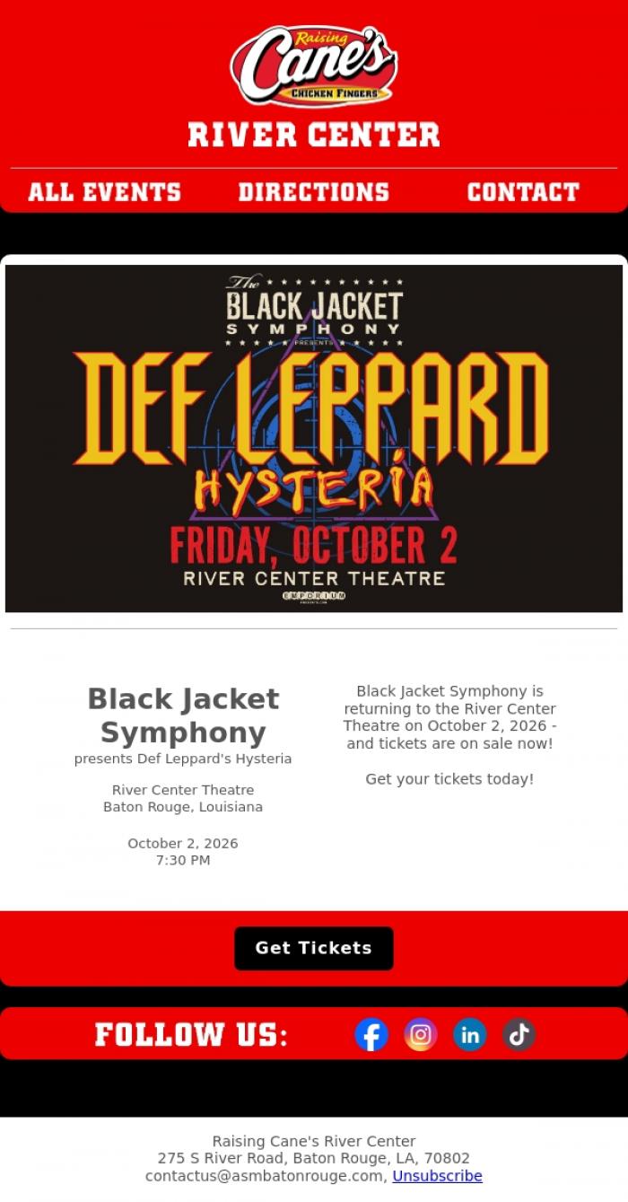 Email Design Inspiration from River Center Theatre, ON SALE NOW: Black Jacket Symphony is coming to Baton Rouge this October!