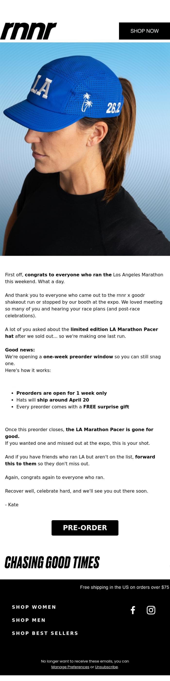 Email Design Inspiration from rnnr, Missed the LA Pacer Hat? One More Chance.