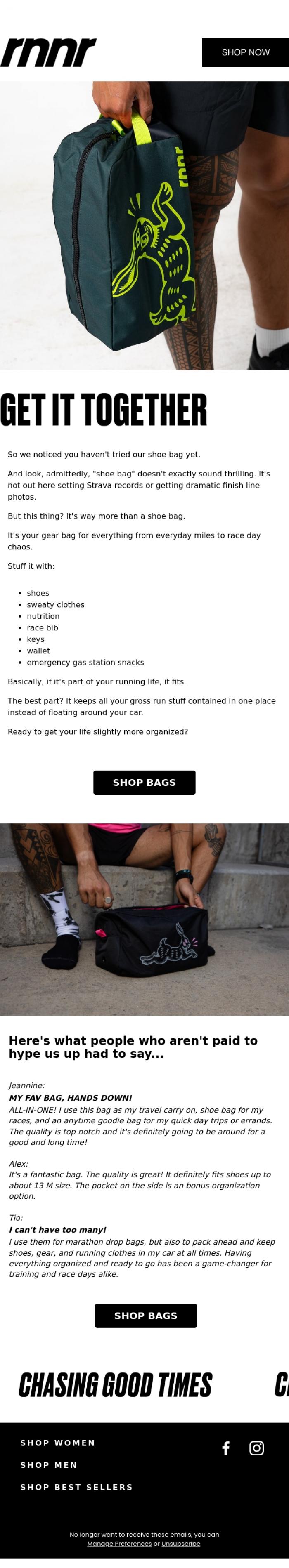 Email Design Inspiration from rnnr, It's Not *Just* a Shoe Bag