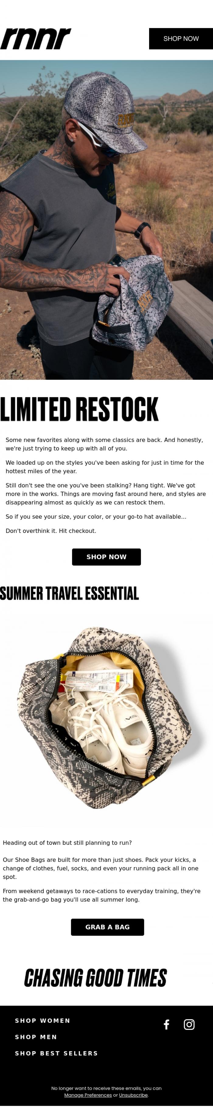 Email Design Inspiration from rnnr, Back by Popular Demand. Still Moving Fast.
