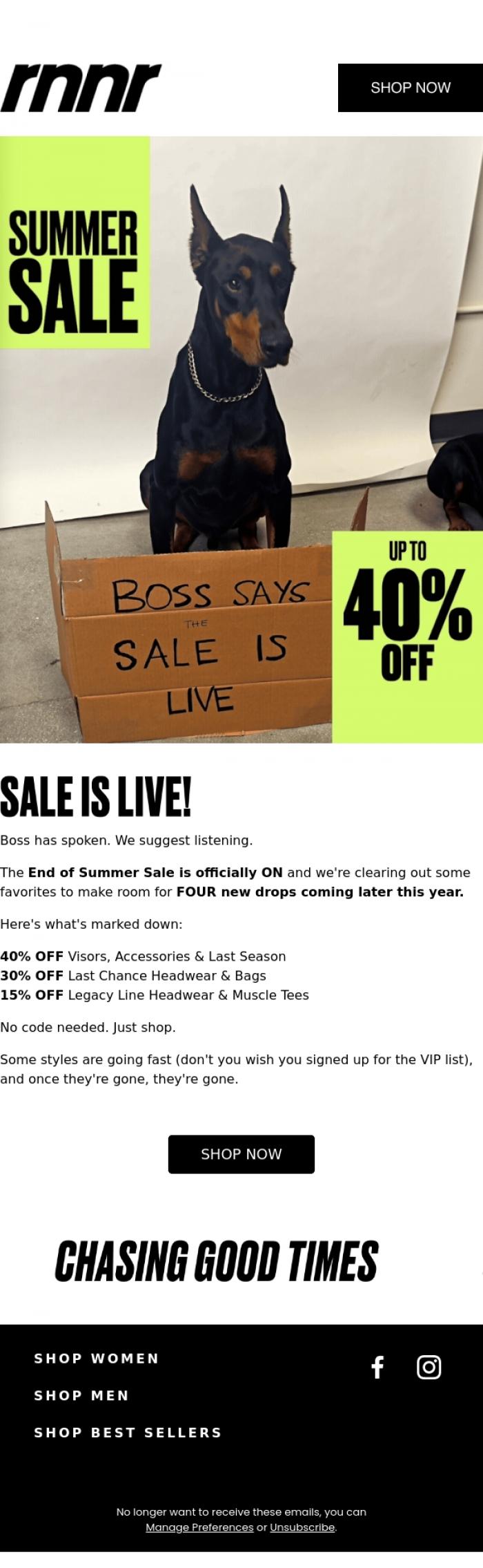Email Design Inspiration from rnnr, End of Summer Sale Starts NOW!