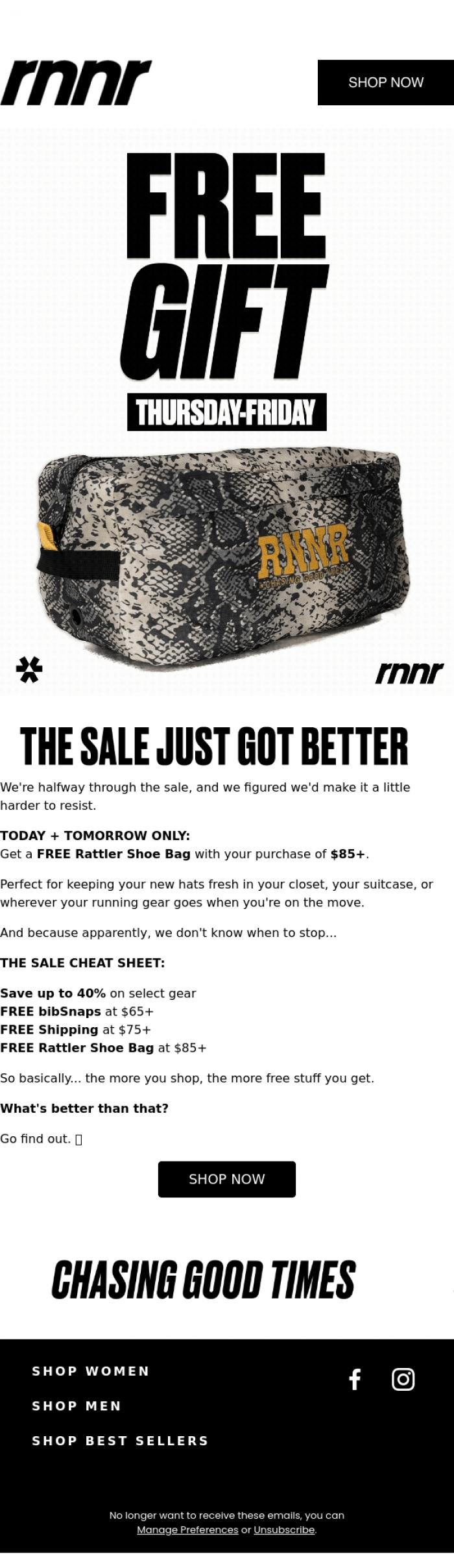 Email Design Inspiration from rnnr, Free Shoe Bag Today & Tomorrow Only