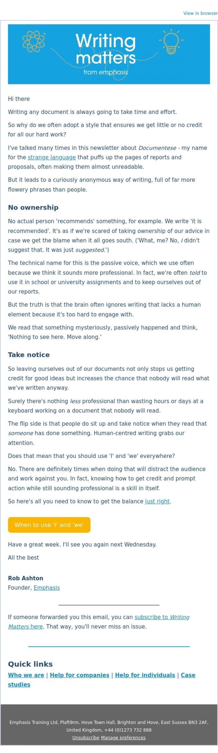 Email Design Inspiration from Rob Ashton, Should you write 'I' and 'we' in your documents?