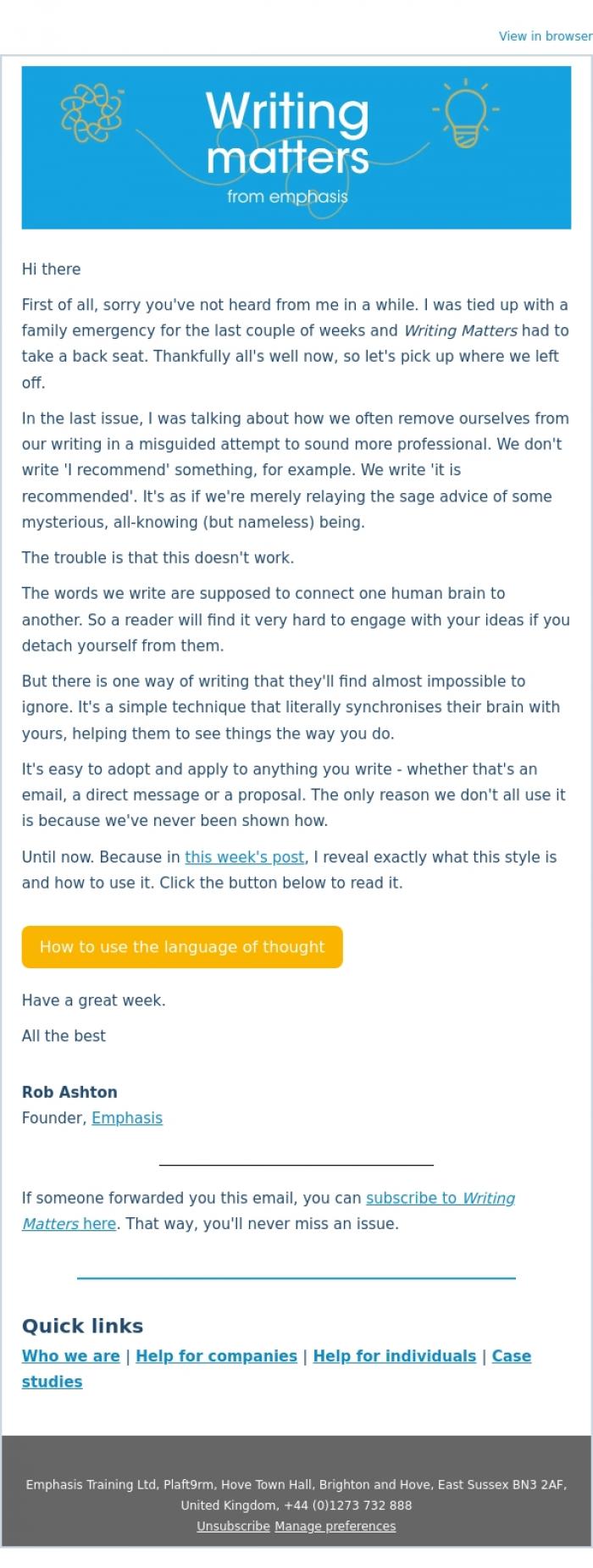 Email Design Inspiration from Rob Ashton, This style aligns a reader's brain with yours