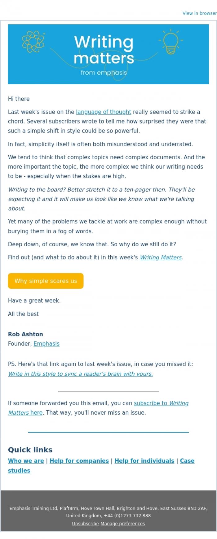 Email Design Inspiration from Rob Ashton, Why we're scared to write simply