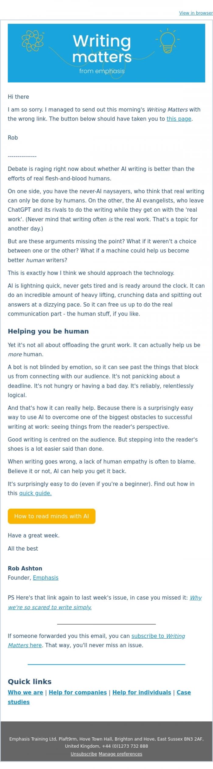 Email Design Inspiration from Rob Ashton, [Writing Matters] Correction - apologies