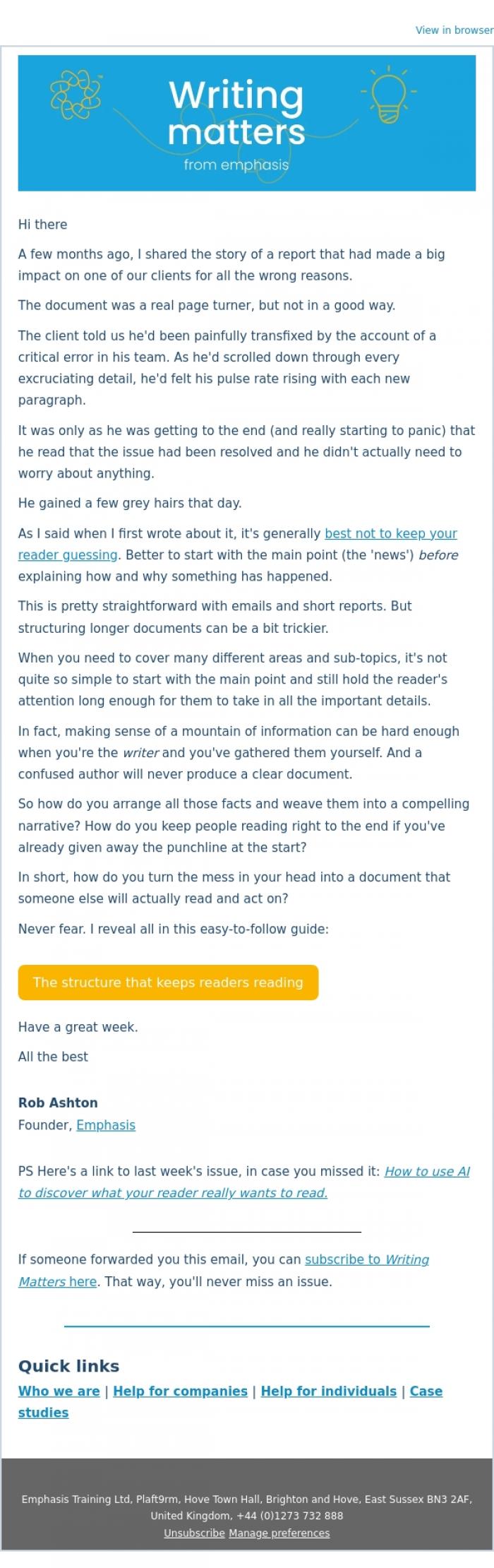 Email Design Inspiration from Rob Ashton, The report structure that keeps readers reading